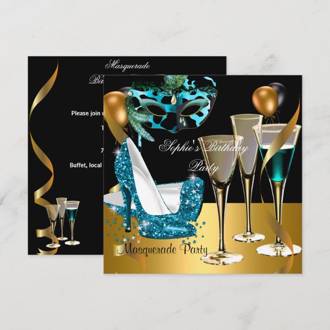 Masquerade Birthday Party Teal Gold Wine Stiletto Invitation (Front/Back)