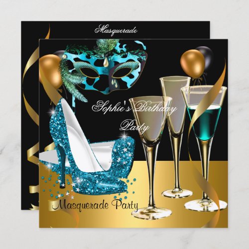 Masquerade Birthday Party Teal Gold Wine Stiletto Invitation