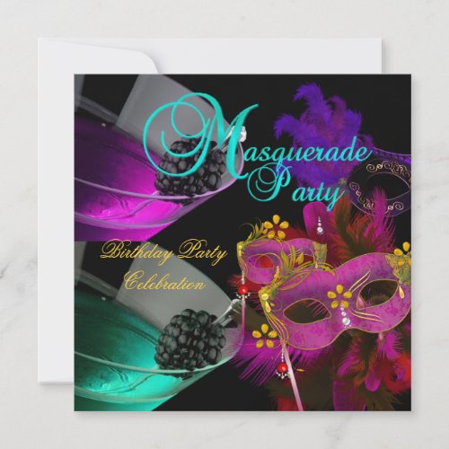 Masquerade Birthday Party Teal Pink Gold Masks Invitation