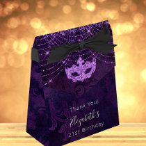 Masquerade birthday purple glitter thank you favor boxes