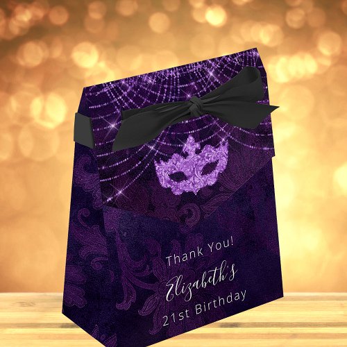 Masquerade birthday purple glitter thank you favor boxes