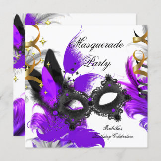 Masquerade Birthday Purple Mask White Black Invitation
