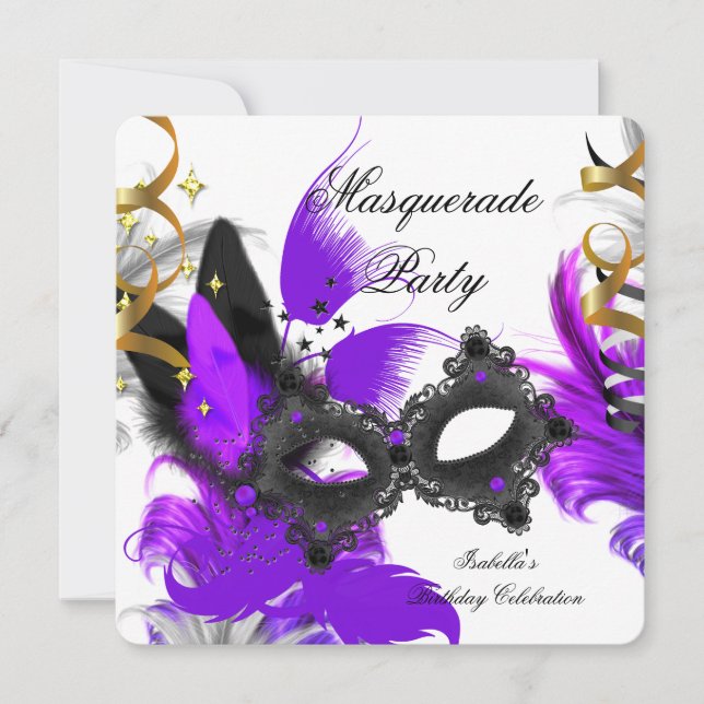 Masquerade Birthday Purple Mask White Black Invitation (Front)