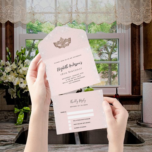 Masquerade birthday rose gold silver mask RSVP All In One Invitation