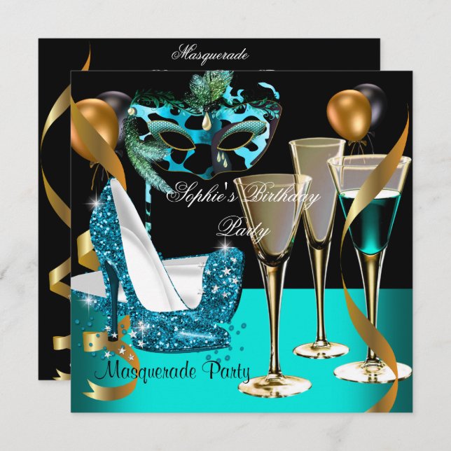 Masquerade Birthday Teal Gold Wine Stiletto 2 Invitation (Front/Back)