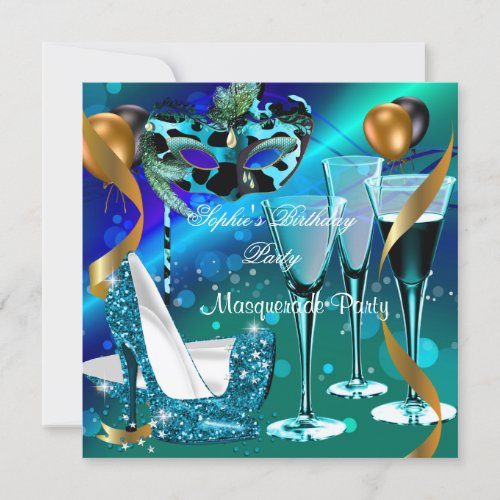 Masquerade Birthday Teal Gold Wine Stiletto 3 Invitation