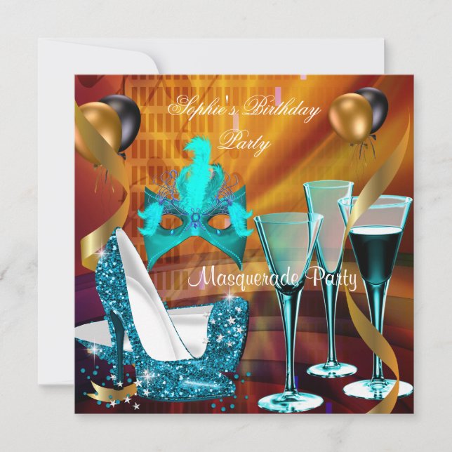 Masquerade Birthday Teal Gold Wine Stiletto 4 Invitation (Front)