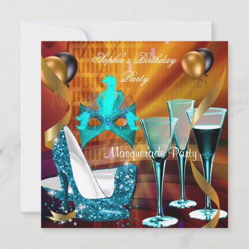 Masquerade Birthday Teal Gold Wine Stiletto 4 Invitation