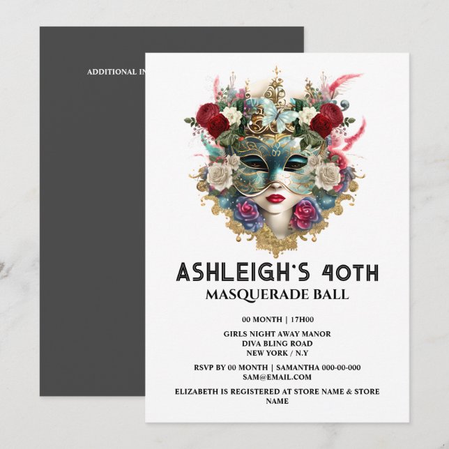 Masquerade birthday Venetian ladies face mask 40th Invitation (Front/Back)