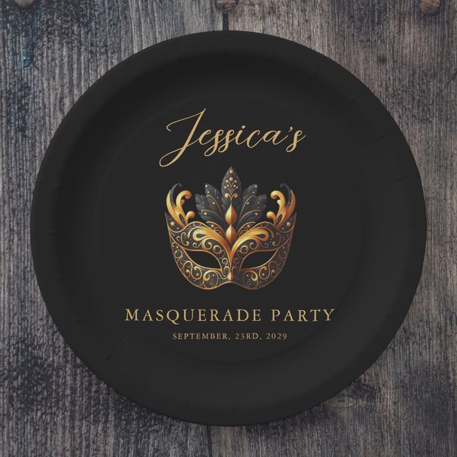 Masquerade Black Gold Birthday  Paper Plates (Creator Uploaded)