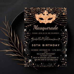 Masquerade black gold birthday party luxury invitation