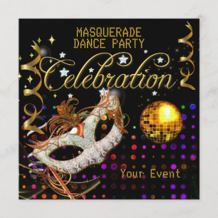 MASQUERADE Black Gold Dance Party Disco Ball Invitation