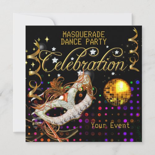 MASQUERADE Black Gold Dance Party Disco Ball Invitation