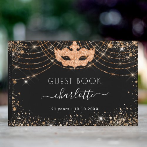 Masquerade black gold glitter birthday guest book