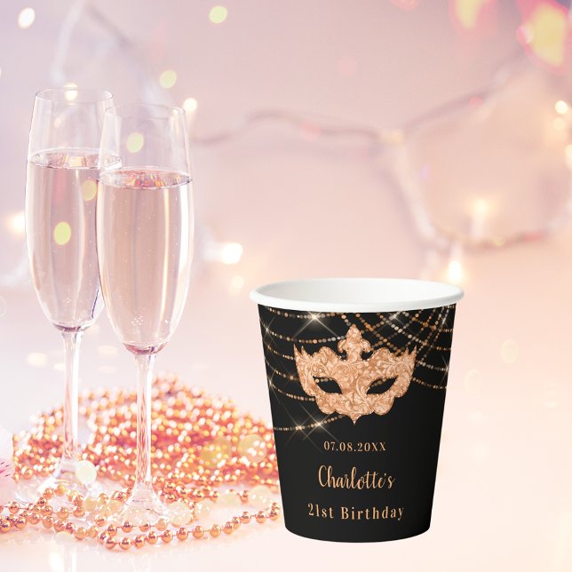 Masquerade black gold glitter birthday party  paper cups (Creator Uploaded)