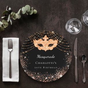 Masquerade black gold glitter birthday party paper plates