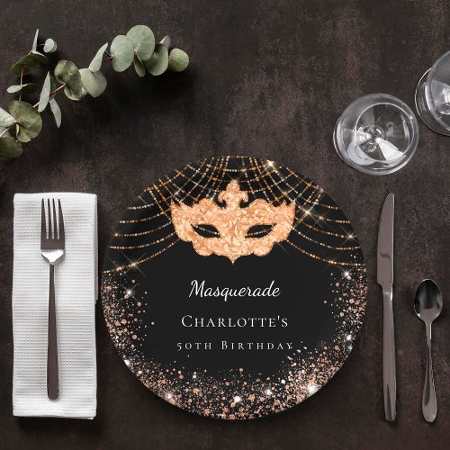 Masquerade black gold glitter birthday party  paper plates