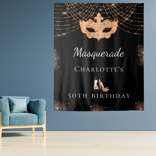 Masquerade black gold glitter birthday party tapestry