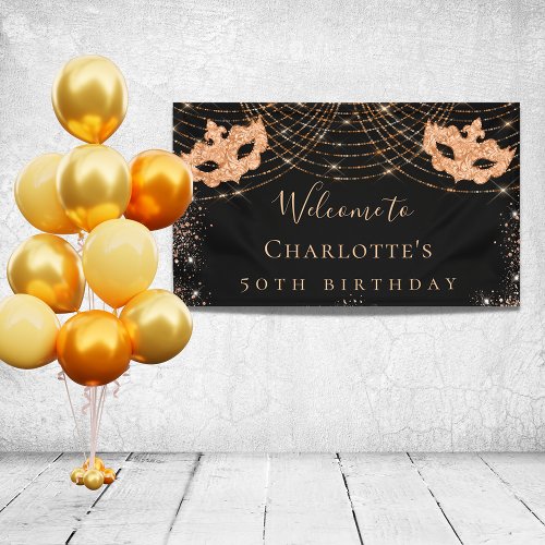 Masquerade black gold glitter dust birthday party banner