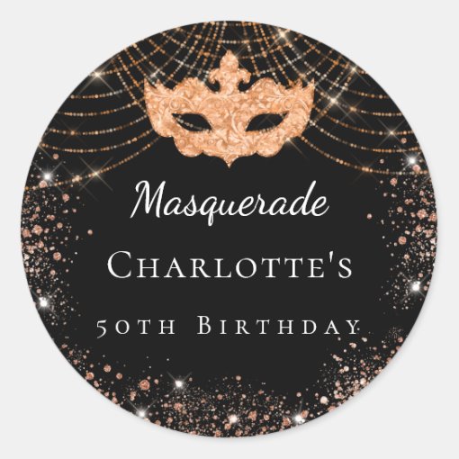 Masquerade black gold glitter dust birthday party classic round sticker ...