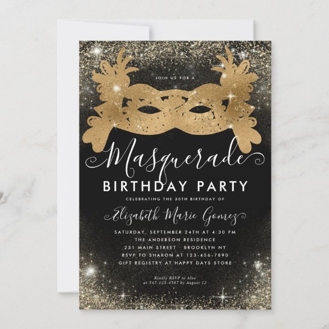 Masquerade Black Gold Glitter Dust Birthday Party Invitation (Front)