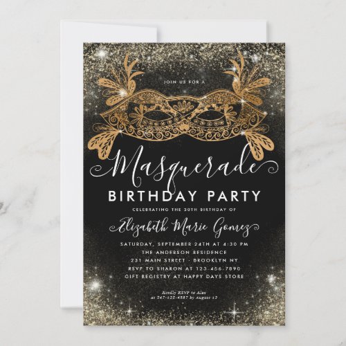 Masquerade Black Gold Glitter Dust Birthday Party Invitation