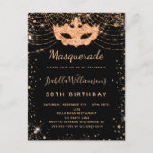 Masquerade black gold glitter dust birthday party invitation postcard (Front)