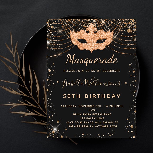 Masquerade black gold glitter dust birthday party invitation postcard