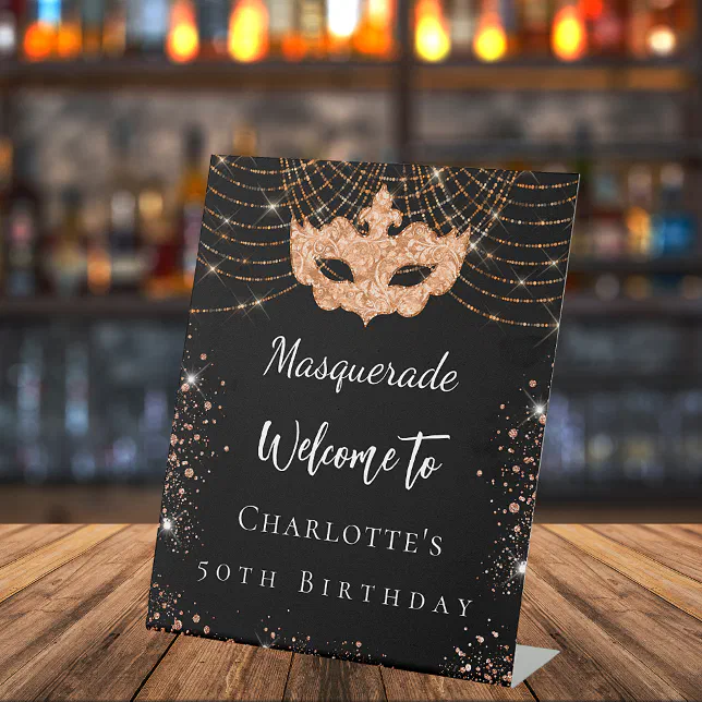 Masquerade black gold glitter dust birthday party pedestal sign | Zazzle