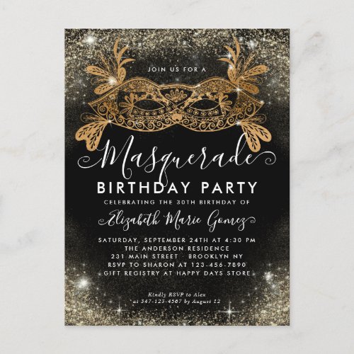 Masquerade Black Gold Glitter Dust Birthday Party Postcard