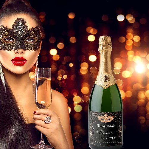 Masquerade black gold glitter dust birthday party sparkling wine label