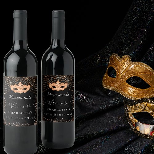 Masquerade black gold glitter dust birthday party wine label