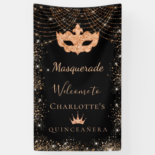 Masquerade black gold glitter dust Quinceanera Banner (Vertical)