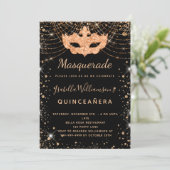 Masquerade black gold glitter dust Quinceanera Invitation (Standing Front)