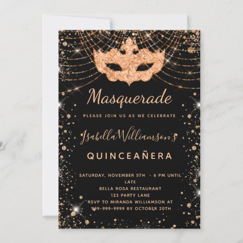 Masquerade black gold glitter dust Quinceanera Invitation