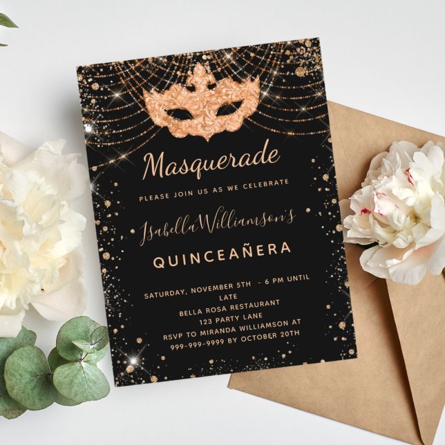 Masquerade black gold glitter dust Quinceanera Invitation Postcard