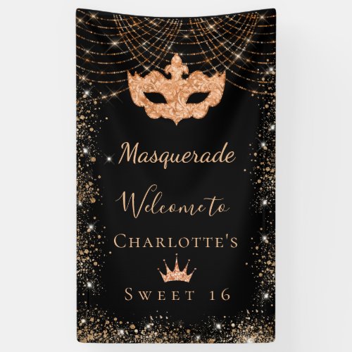 Masquerade black gold glitter dust Sweet 16 Banner