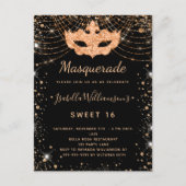 Masquerade black gold glitter dust Sweet 16 Invitation Postcard (Front)
