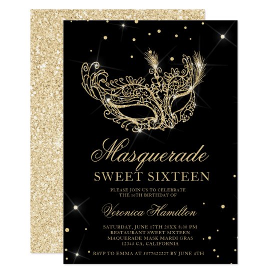 Masquerade black gold glitter mask Sweet 16 Invitation