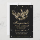 Masquerade black gold glitter mask Sweet 16 Invitation (Front)