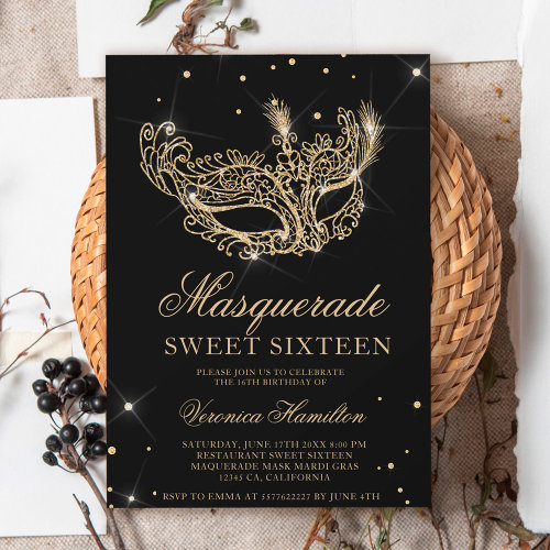 Masquerade black gold glitter mask Sweet 16
