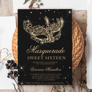 Masquerade black gold glitter mask Sweet 16 Invitation