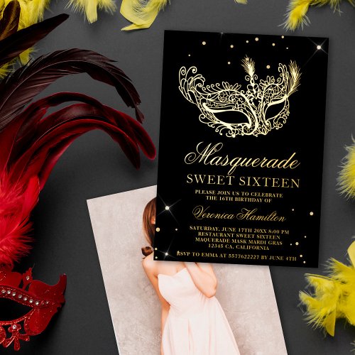 Masquerade black gold glitter mask Sweet 16 photo Foil Invitation