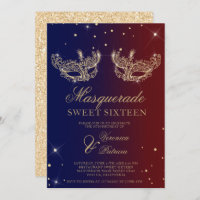 Masquerade black gold glitter mask twins Sweet 16 Invitation