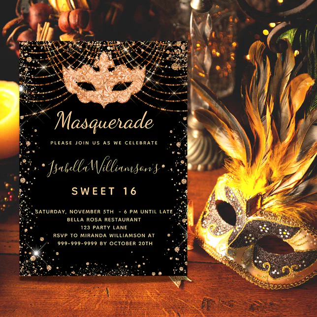 Masquerade black gold glitter Sweet 16 luxury Invitation | Zazzle