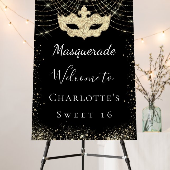 Masquerade black gold glitter Sweet 16 party Foam Board (In Situ (Stand))