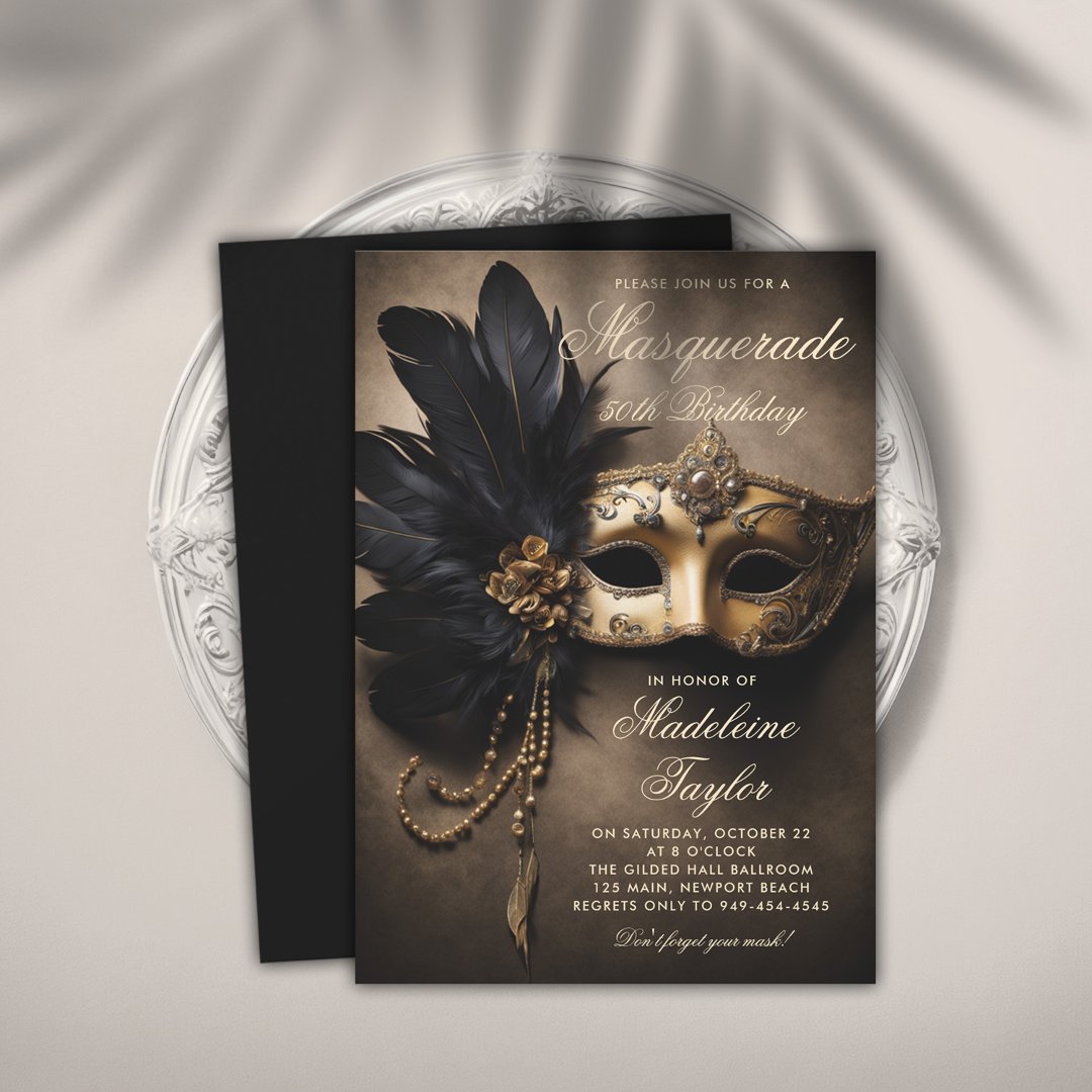 Masquerade Black Gold Mask Moody 50th Birthday                    Invitation