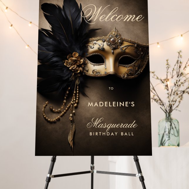 Masquerade Black Gold Mask Moody Welcome Birthday Foam Board (In Situ (Stand))