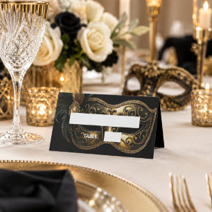 Masquerade black gold mask name place card