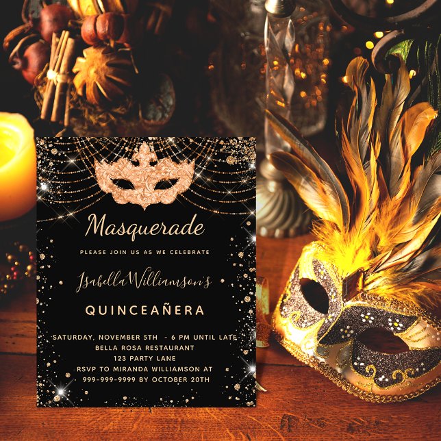 Masquerade black gold Quinceanera invitation (Creator Uploaded)